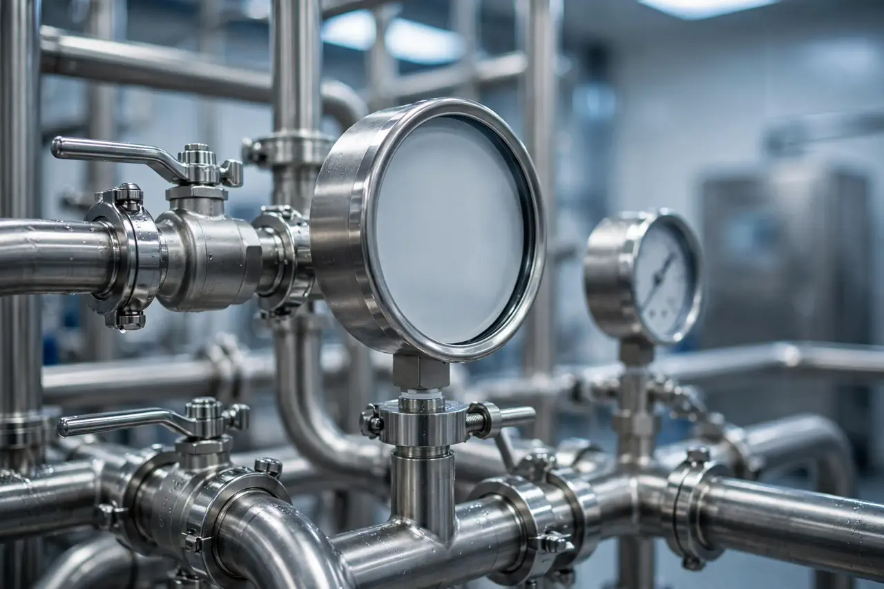 Stainless-steel process equipment with gauges and valves