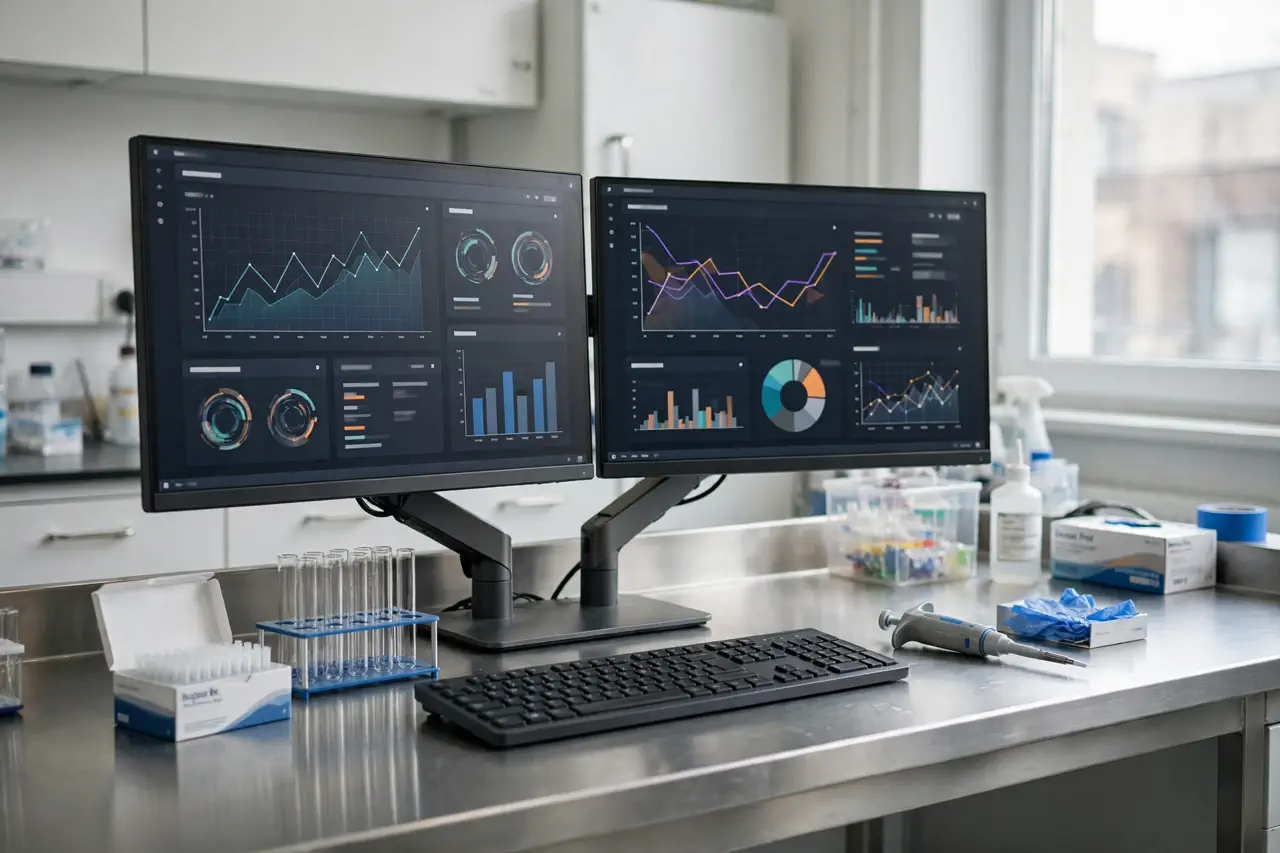 Quality-control laboratory workstation with data dashboards